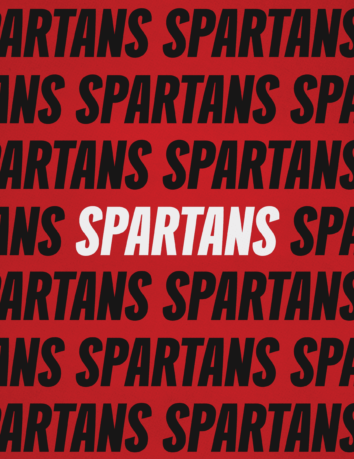 The word SPARTANS is repeatedly printed in bold black letters on a red background with one instance in bold white letters. Description generated by AI