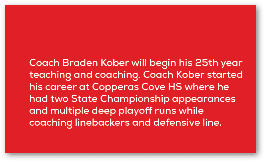 Coach Braden Kober will begin his 25th year teaching and coaching. Coach Kober started his career at Copperas Cove HS...