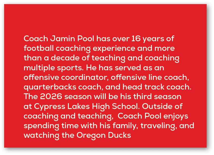 Coach Jamin Pool has over 16 years of football coaching experience and more than a decade of teaching and coaching mu...