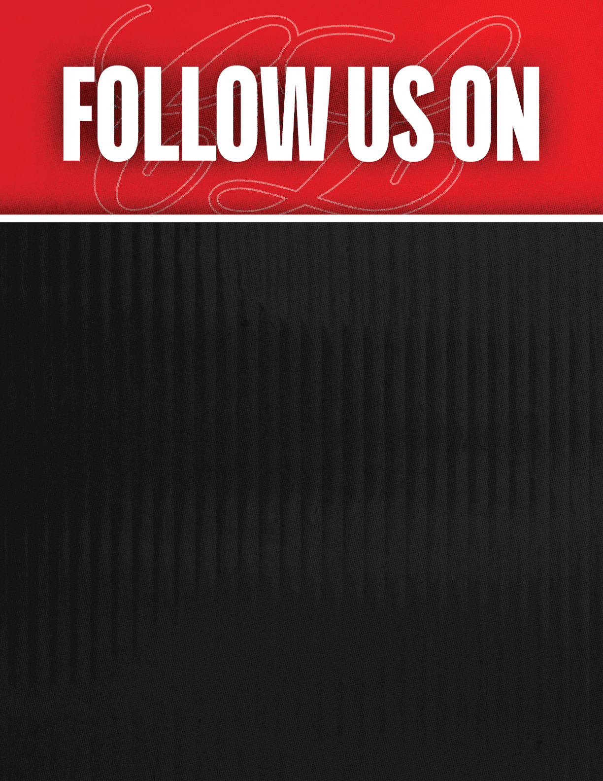 A black and red sign that says Follow Us On. Description generated by AI