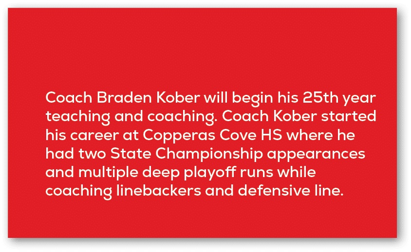 Coach Braden Kober will begin his 25th year teaching and coaching. Coach Kober started his career at Copperas Cove HS...
