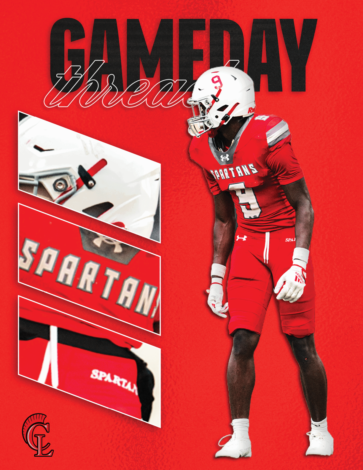 A person in a red football uniform with the number 9 and a white helmet stands against a red background with the words “GAMEDAY Hype" and close-up images of football gear and the word "SPARTANS." Description generated by AI