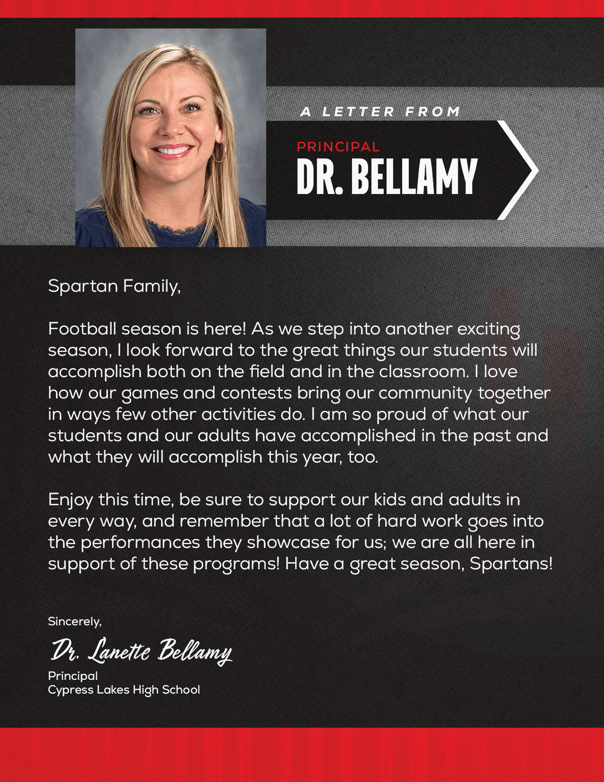 A smiling adult with long straight hair is shown next to a letter from Principal Dr. Bellamy addressing the Spartan family about the upcoming football season and encouraging support for students and adults in school programs. Description generated by AI