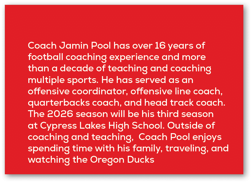 Coach Jamin Pool has over 16 years of football coaching experience and more than a decade of teaching and coaching mu...