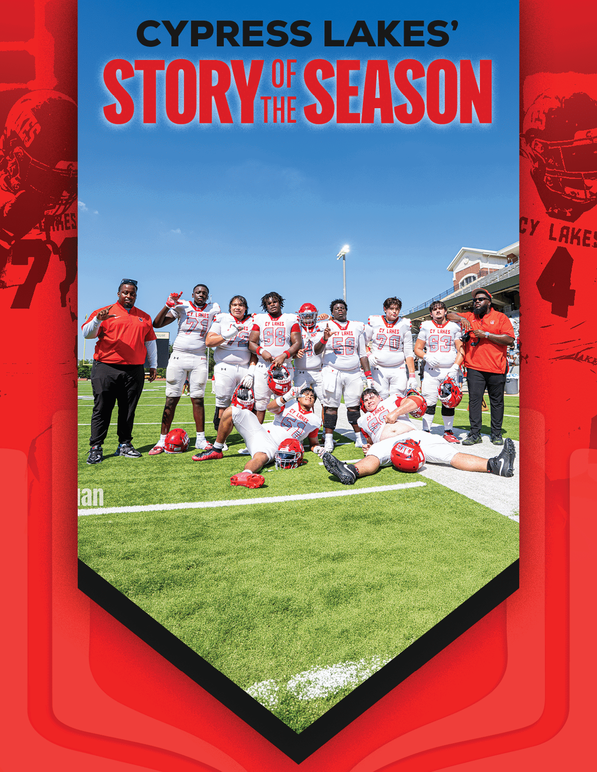 A group of football players huddled together. Description generated by AI