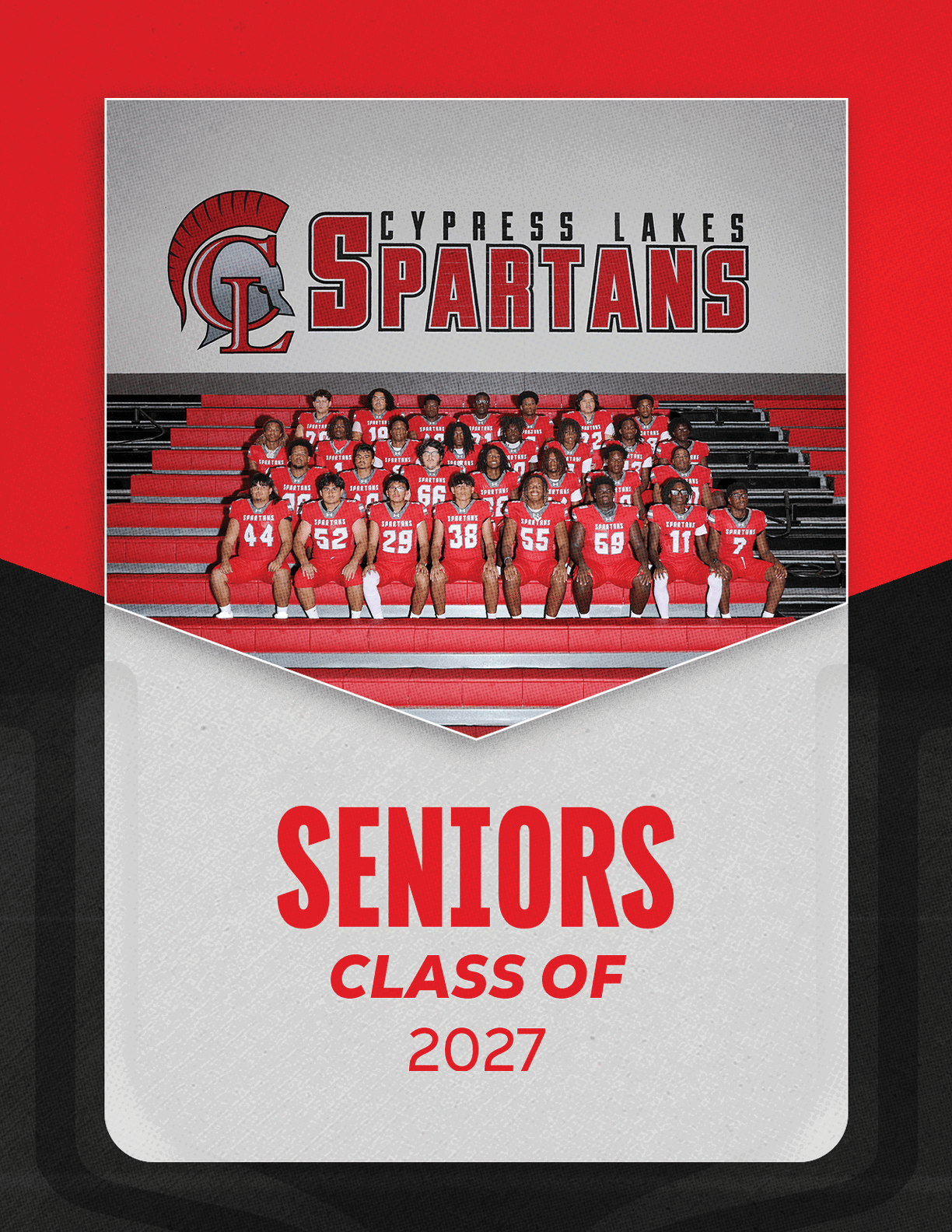 A group of people in red sports uniforms posing on bleachers under a banner that reads Cypress Lakes Spartans with text below stating Seniors Class of 2027. Description generated by AI