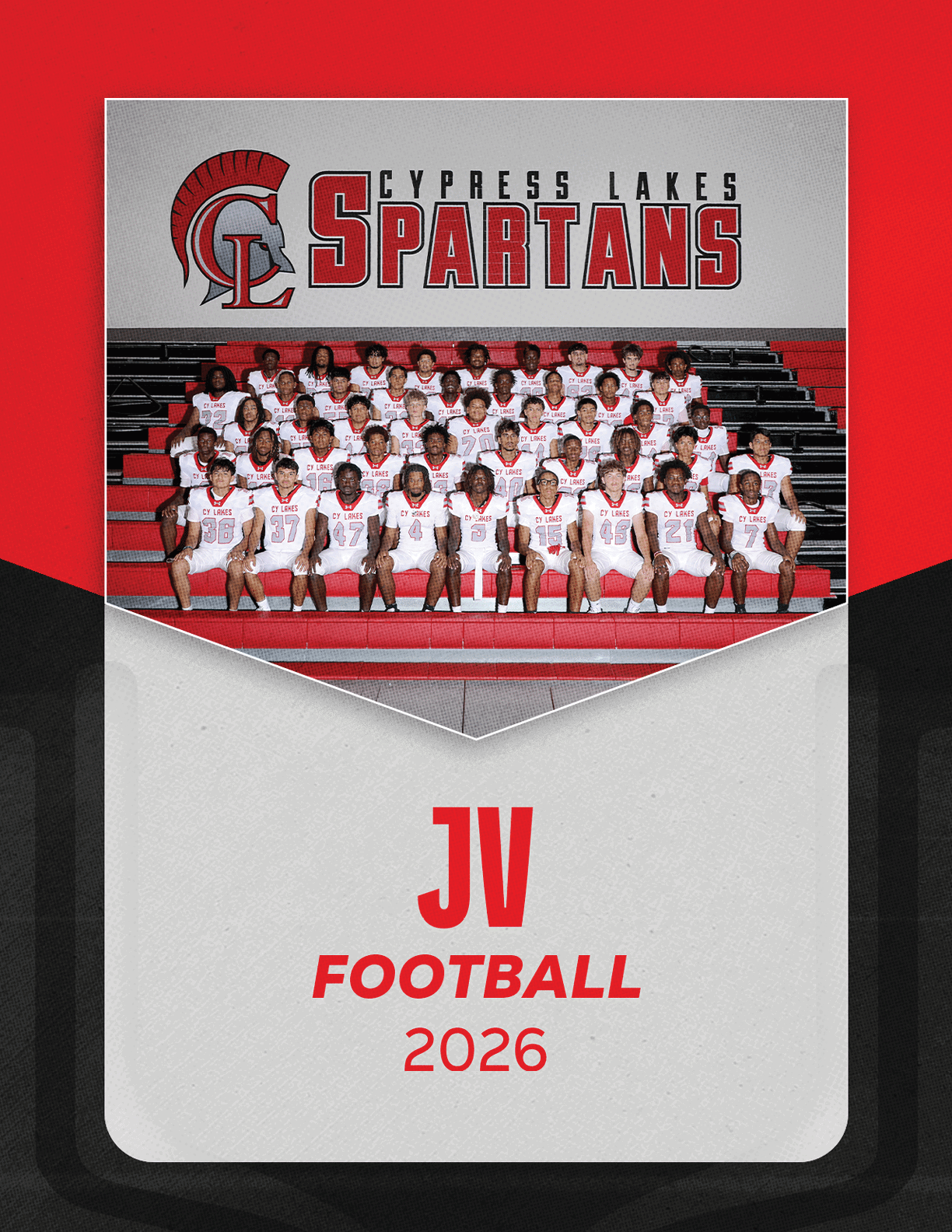 A group of people in white sports uniforms posing for a team photo on bleachers under a sign that reads Cypress Lakes Spartans with a red and black Spartan helmet logo and the text JV Football 2026 below. Description generated by AI