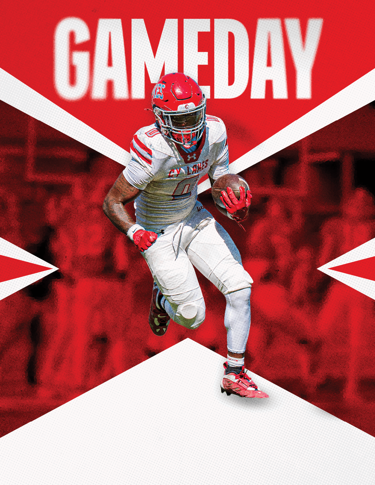 A person in a red helmet and white football uniform is running with a football against a red and white background with the word GAMEDAY in bold white letters above. Description generated by AI