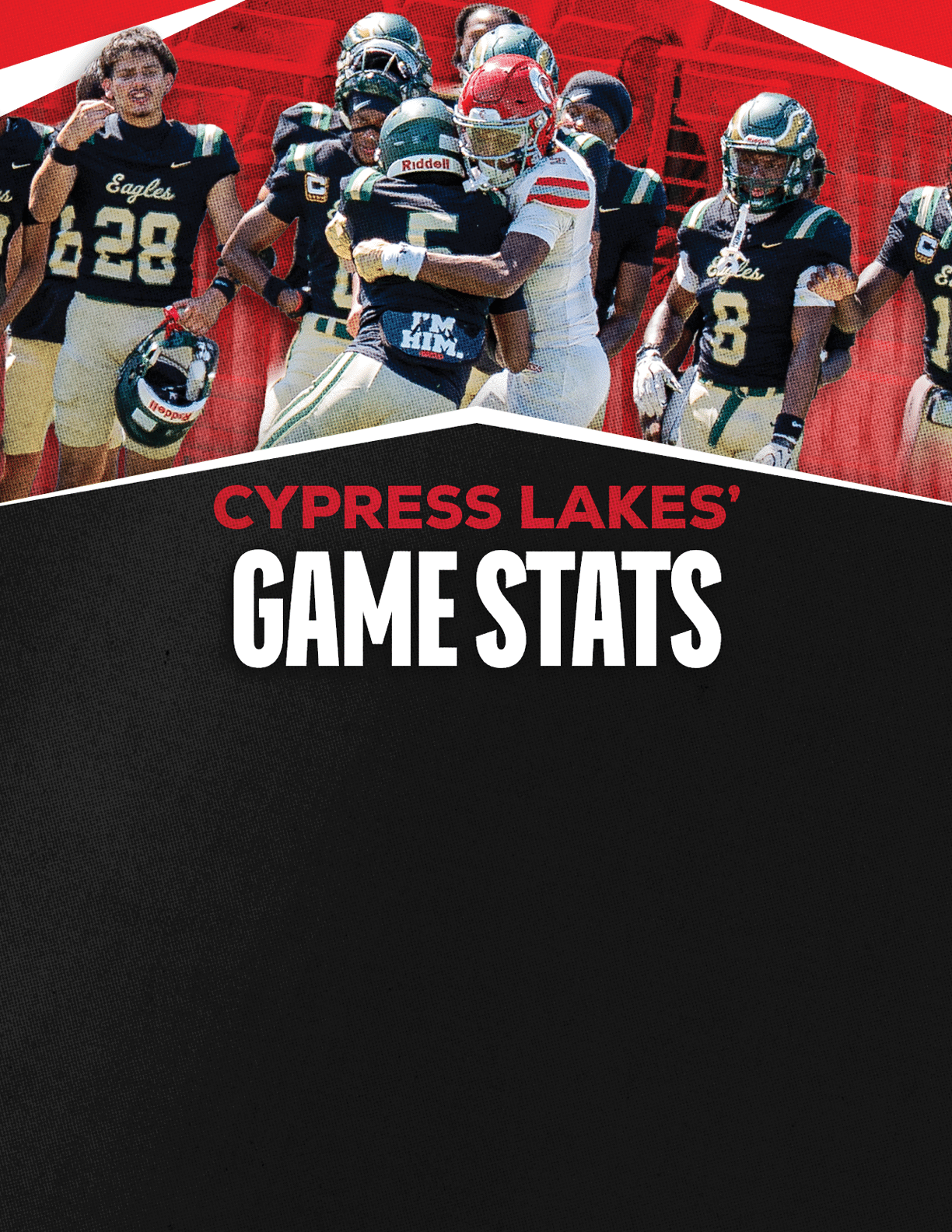 A group of football players in uniforms are celebrating on the field with the text Cypress Lakes Game Stats displayed below them. Description generated by AI