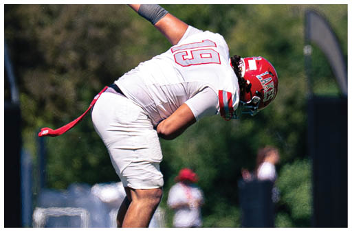 A person wearing a red helmet and white sports uniform with the number 19 is bending forward outdoors. Description generated by AI