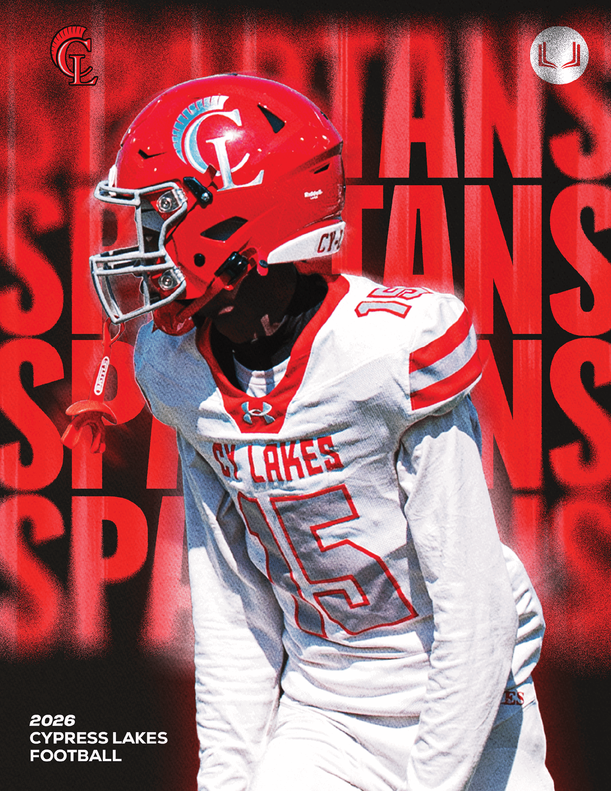 A person wearing a red football helmet and white jersey with red accents and the number 15 is standing against a red background with the word Spartans repeated in large letters. Description generated by AI