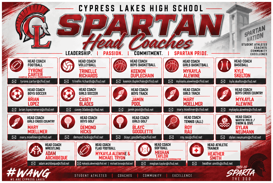 A graphic poster for Cypress Lakes High School Spartan head coaches displays names, sports roles, and contact icons in a bold red and black design with a Spartan helmet logo and motivational words about leadership, passion, commitment, and pride. Description generated by AI