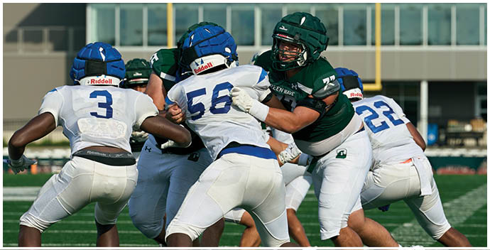 A football player wearing a blue and white uniform. Description generated by AI