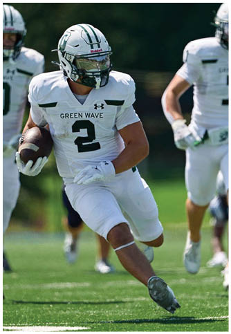 Two football players wearing blue and white uniforms. Description generated by AI