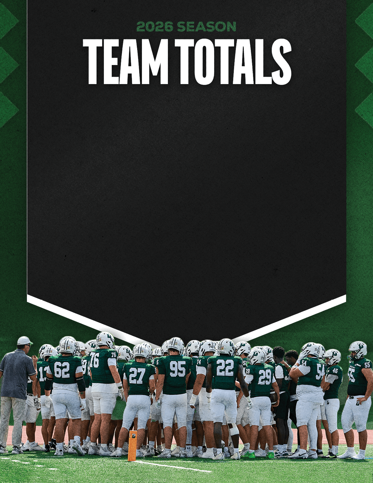 A group of football players standing on the field. Description generated by AI