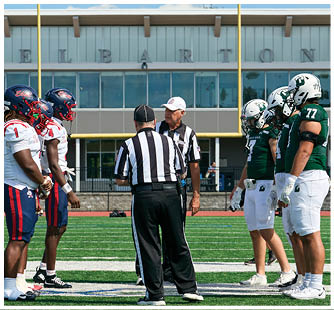 A football game is taking place with a group of men on the field. Description generated by AI