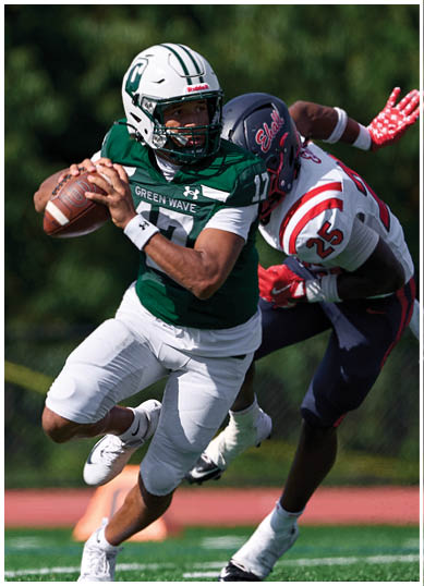 A football player wearing a blue and red jersey. Description generated by AI