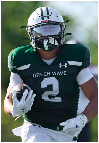 Two football players wearing blue and white uniforms. Description generated by AI