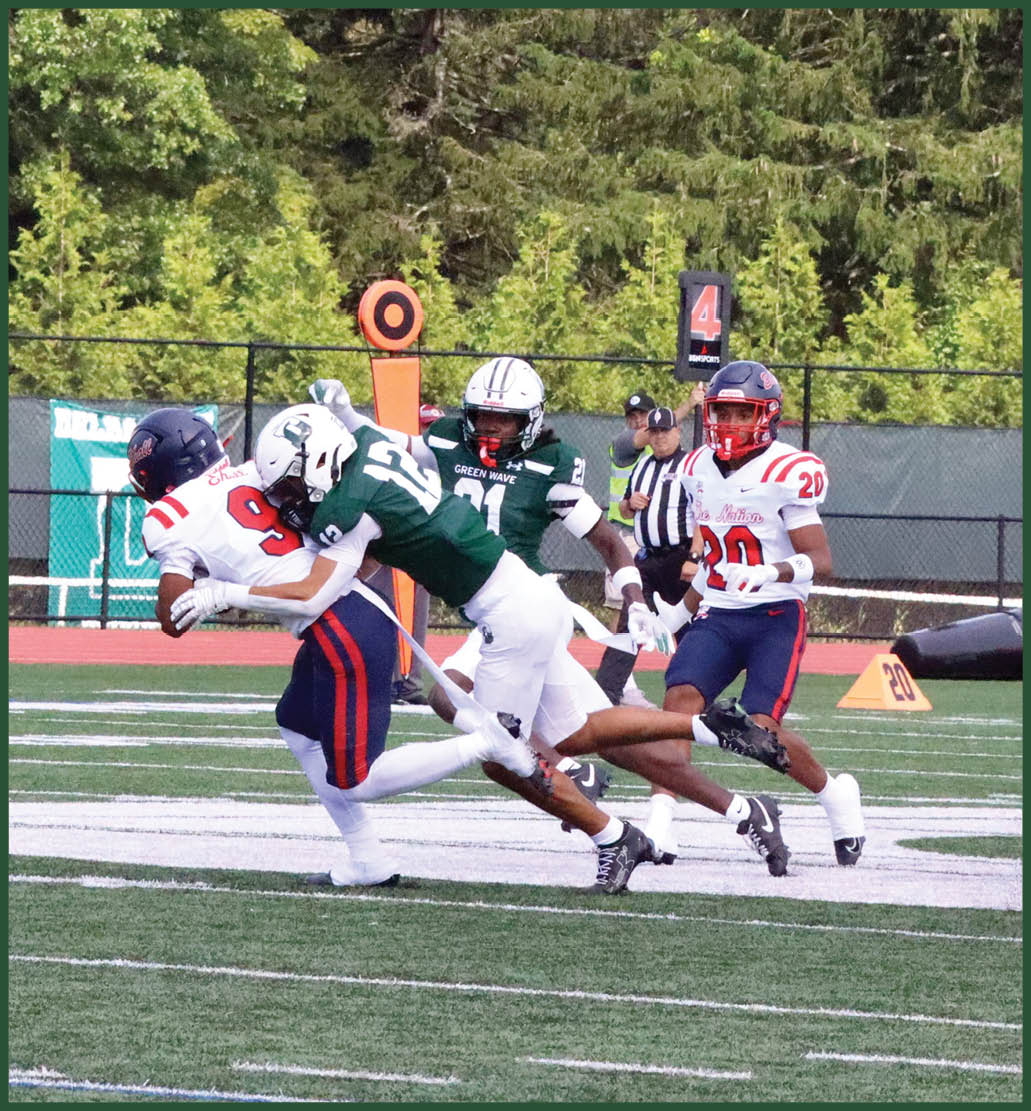 A football player running on the field. Description generated by AI