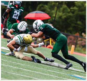 A football game is taking place with a group of men on the field. Description generated by AI