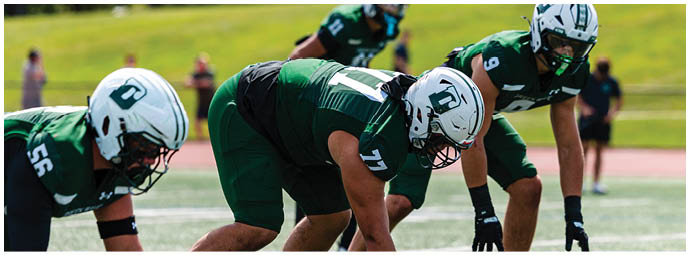 A football game is taking place with players on the field. Description generated by AI