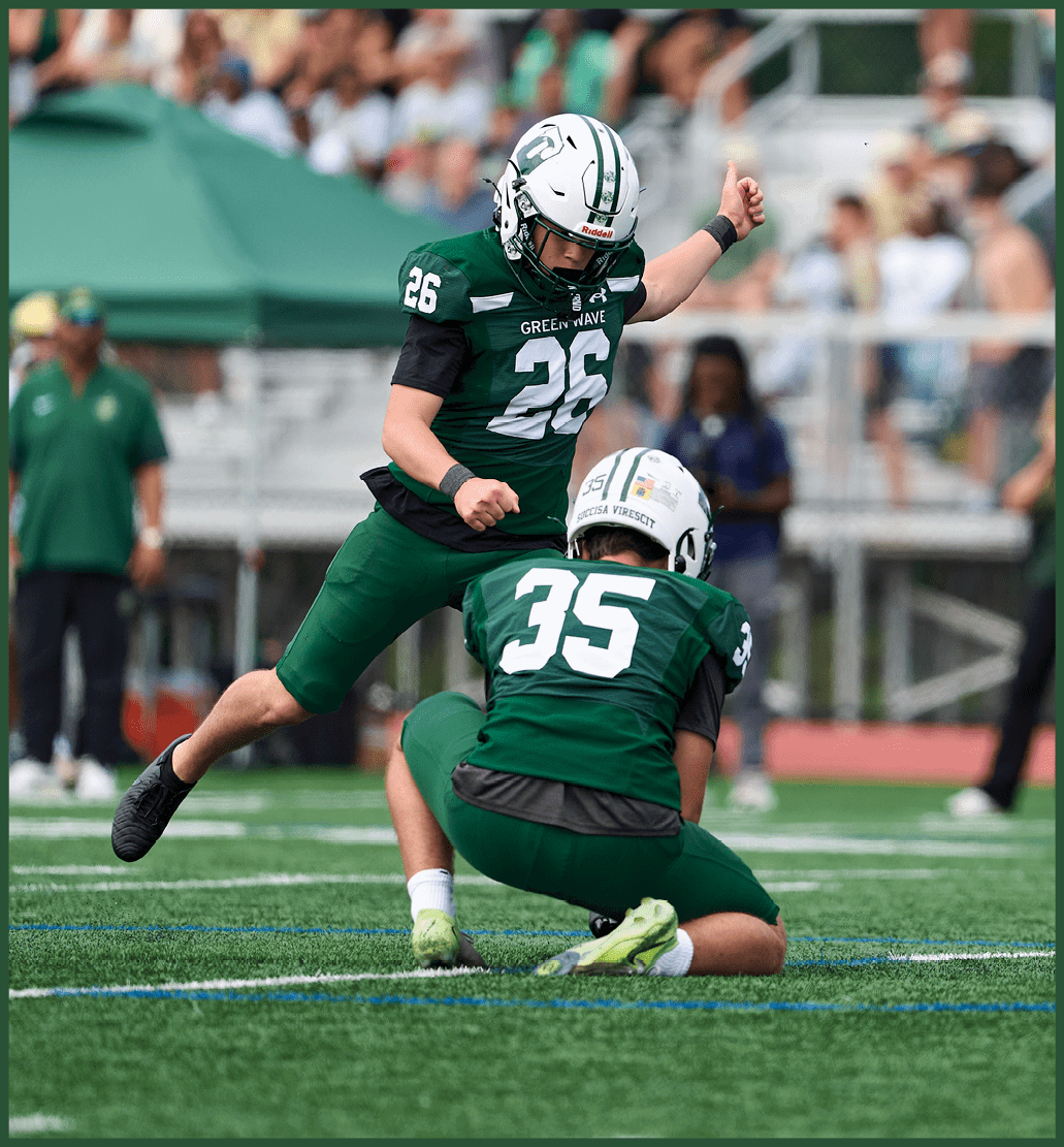 A football player running on the field. Description generated by AI