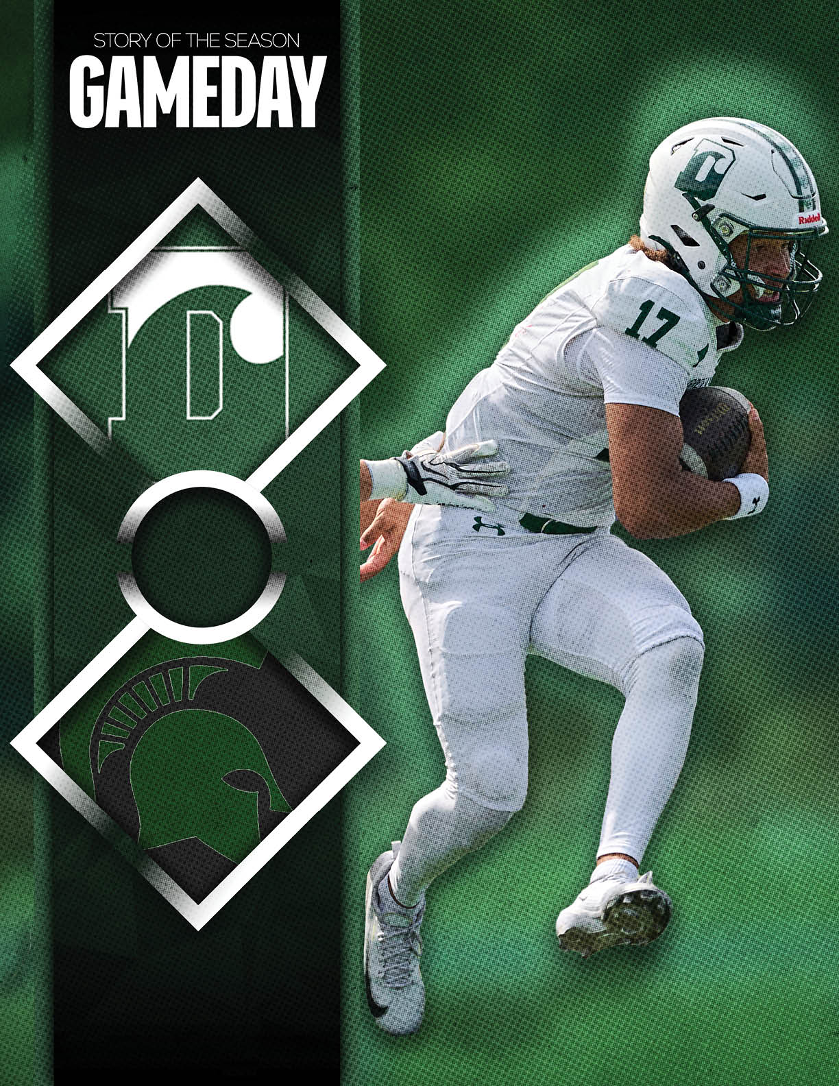 A football player running with a football. Description generated by AI