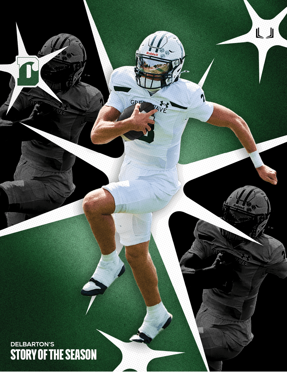 A football player wearing a blue and white uniform. Description generated by AI