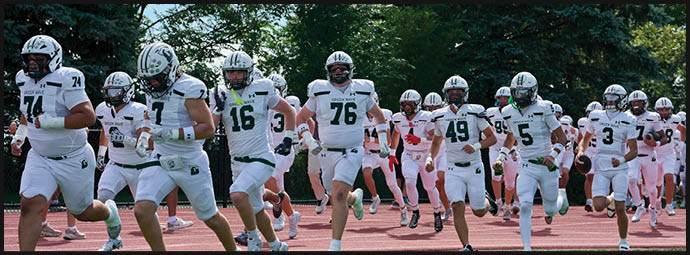 A football game is taking place with players on the field. Description generated by AI