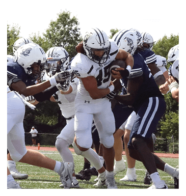 A football player in a white jersey with the number 85 on it is trying to catch a football. AI generated content