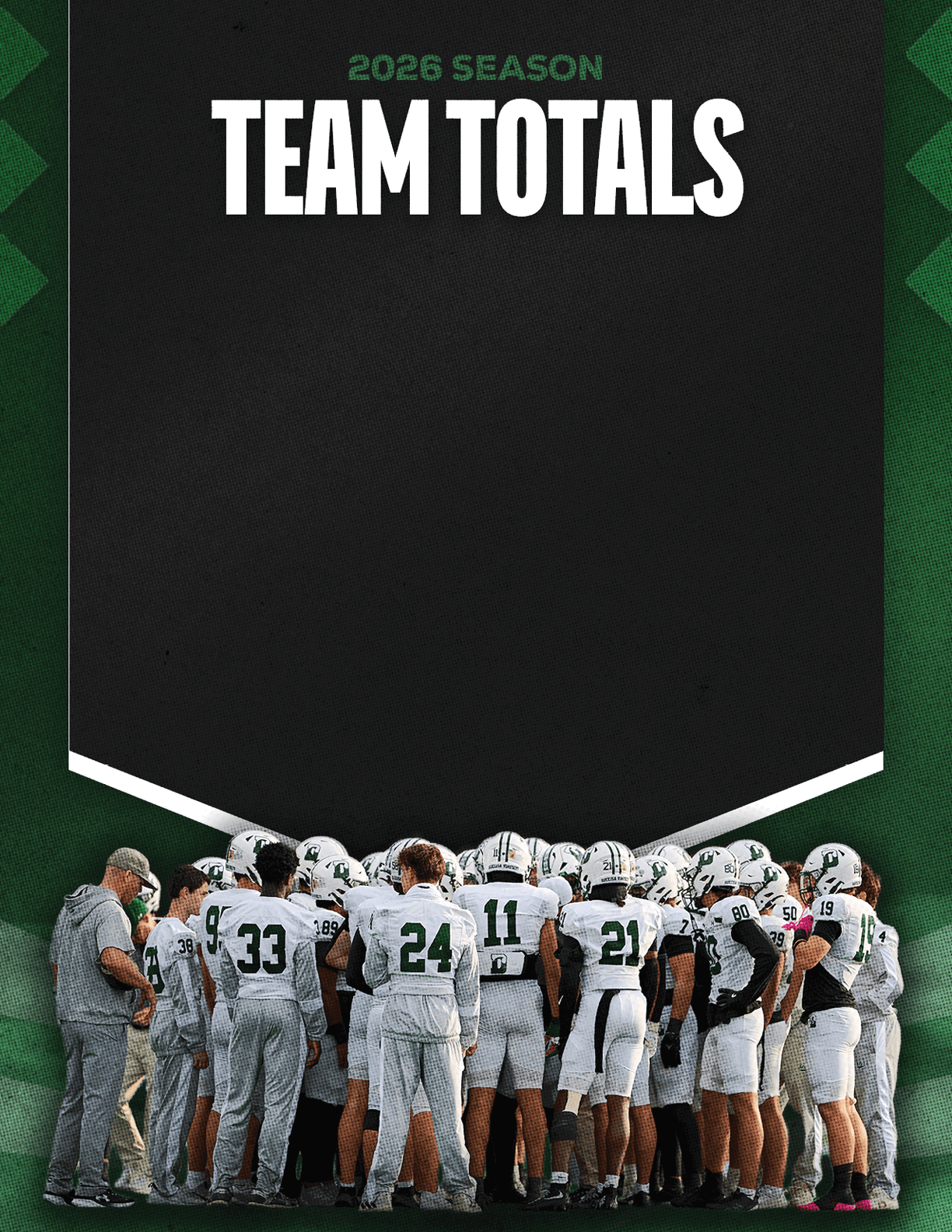 A group of football players standing on the field. Description generated by AI