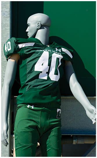 A football player catching a ball. Description generated by AI