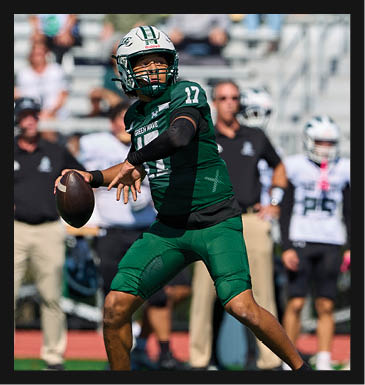 Two men wearing football helmets are talking to each other. AI generated content