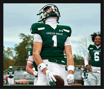 A man wearing a football uniform is jumping to catch a football. AI generated content