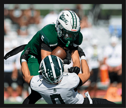 A man in a black jersey is running on a field with a football in his hand. AI generated content