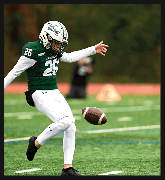 Two football players wearing Vista jerseys and holding hands. AI generated content