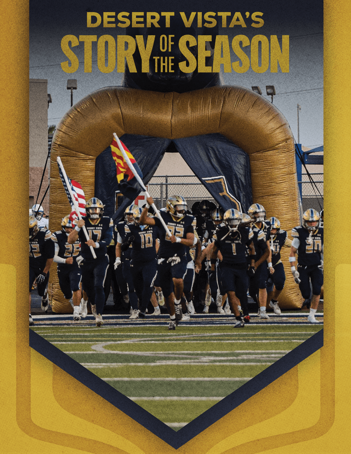 A football team marching on the field with a banner in the background. AI generated content
