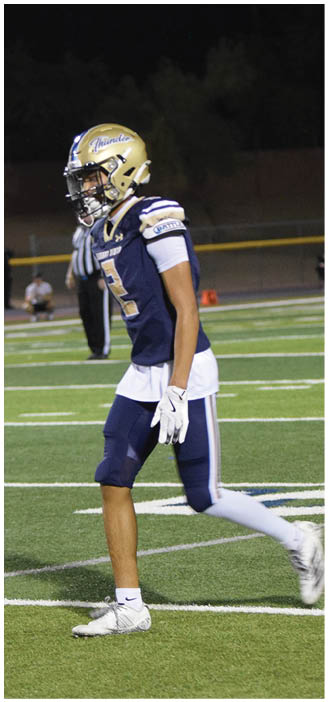 A football player is standing on the field wearing a blue and white uniform. AI generated content