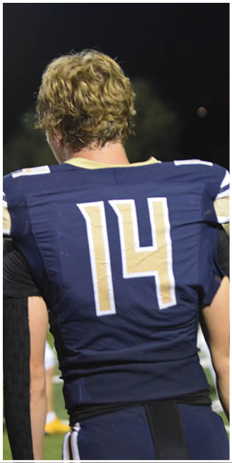 A football player wearing a blue and gold jersey with the number 14 on the back. AI generated content