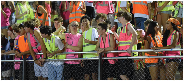 A group of people wearing neon green vests are standing on a field. AI generated content