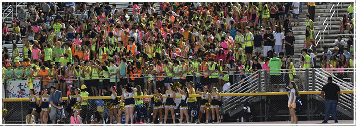 A large crowd of people wearing neon green clothing are sitting in the bleachers. AI generated content