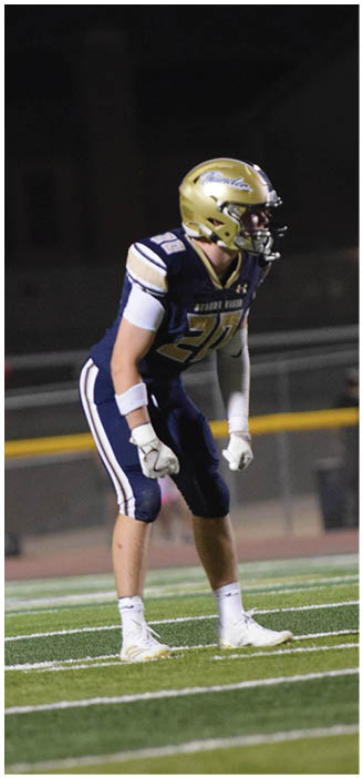 A football player in a blue and white uniform is standing on the field. AI generated content