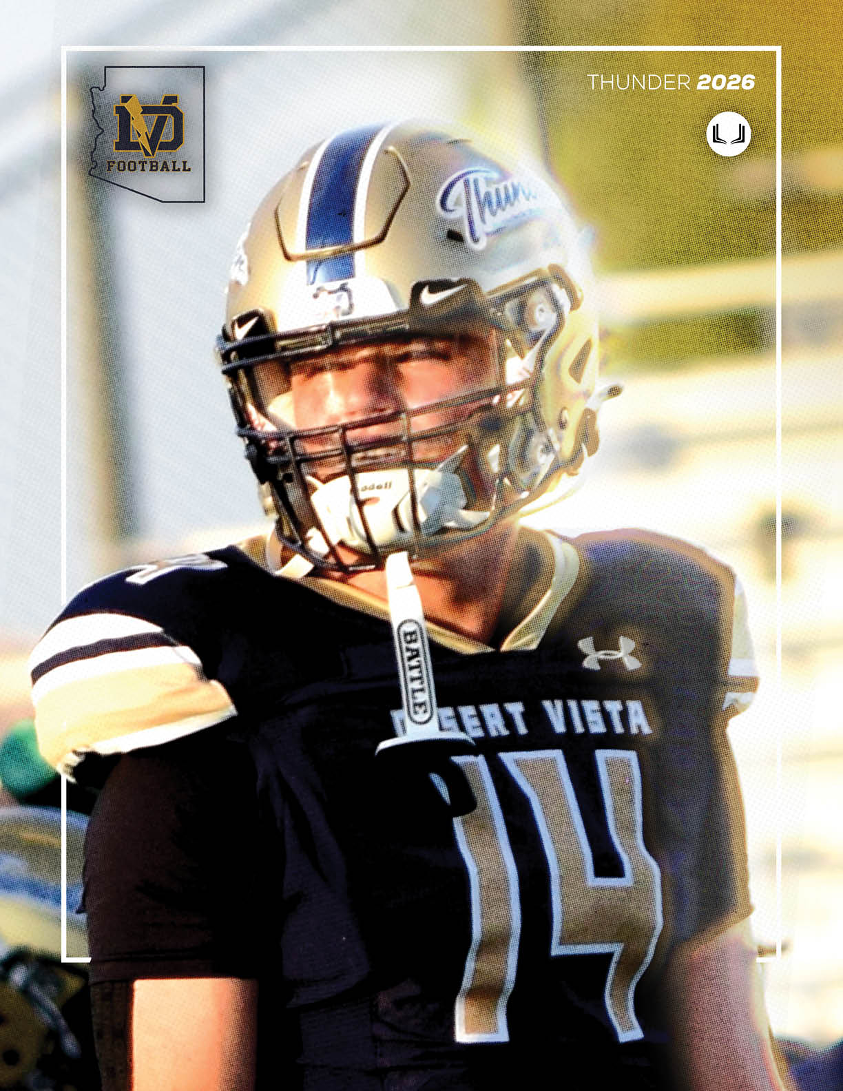 A football player wearing a blue and gold uniform with the number 14 on the front. AI generated content