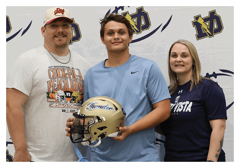A man and two women pose for a photo with a football helmet. AI generated content