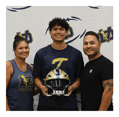 A man and two women pose for a photo with a football helmet. AI generated content