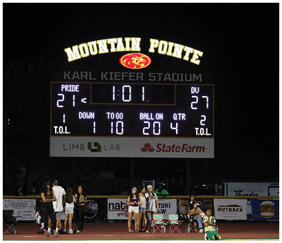 A nighttime outdoor sports event shows a scoreboard displaying the score and time while people stand and sit on the field near the sidelines. Description generated by AI
