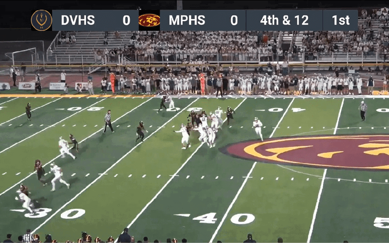 A football game is in progress on a field with players in white and dark uniforms, with the scoreboard showing a tied score and the play being 4th and 12 in the first quarter. Description generated by AI
