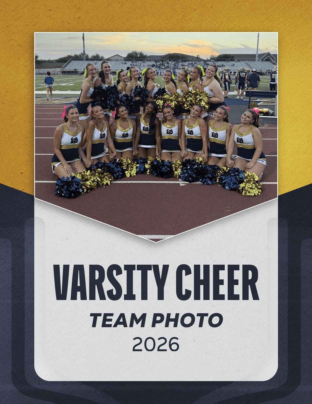A group of adults in cheerleading uniforms with pom-poms pose together on a track field at sunset with the text varsity cheer team photo 2026 below. Description generated by AI