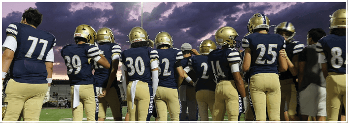 A group of people wearing football uniforms with helmets stand together on a field under a cloudy evening sky with bright stadium lights. Description generated by AI