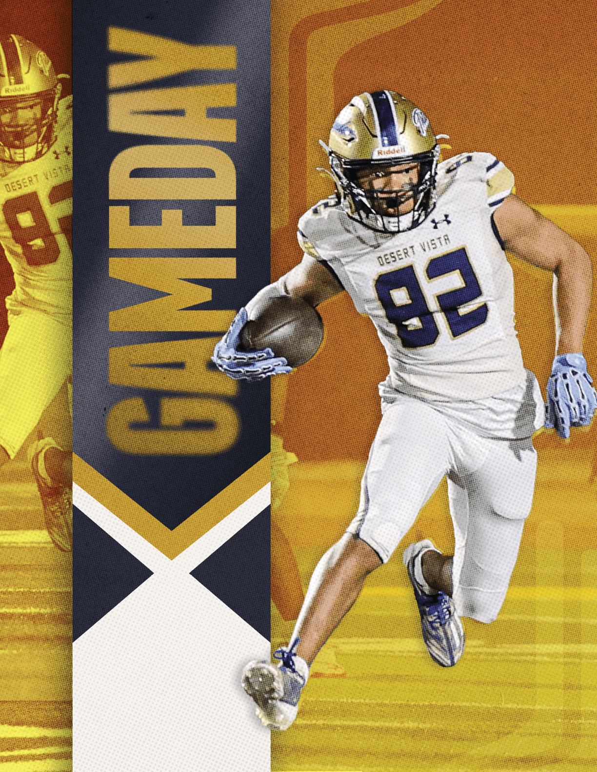 A person wearing a white football uniform with the number 82 is running with a football on a background featuring the word “GAMEDAY" in large letters. Description generated by AI